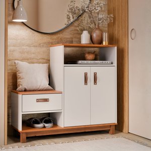 Sapateira com Assento 3 Portas Organic Ej Móveis:offwhite/freijó