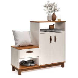 Sapateira com Assento 3 Portas Organic Ej Móveis:offwhite/freijó - 4