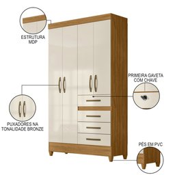 Guarda Roupa Solteiro 4 Portas 4 Gavetas 110cm Cabral M07 Freijó/off White - Mpozenato - 3