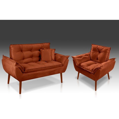 Kit 01 Poltrona + 01 Namoradeira Opala + 02 Almofadas Suede Terracota -rv Decora