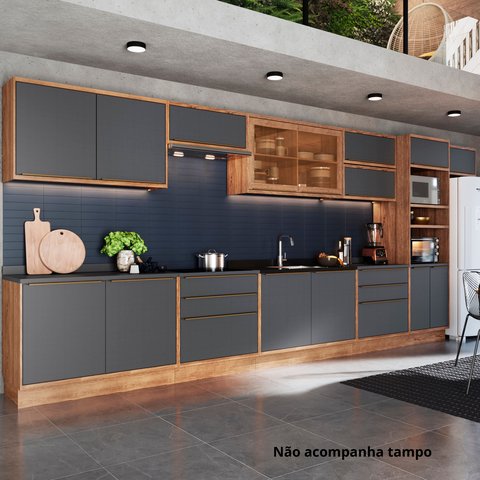 Cozinha Modulada 11 Peças 15 Portas 6 Gavetas Nicho Forno Divisor Talheres MDF Freijó Cinza Grafite Viena