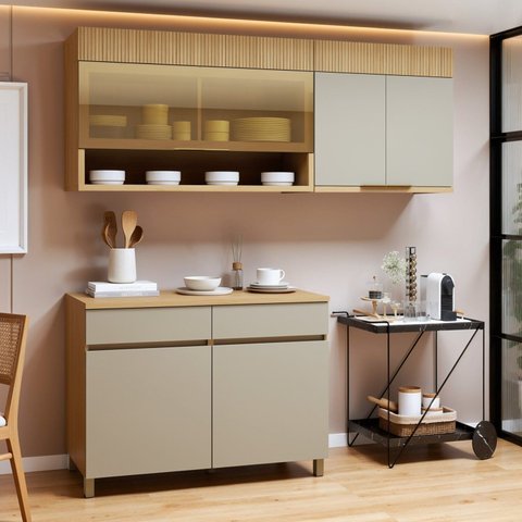 Cozinha Completa Modulada 3 Peças 5 Portas 2 Gavetas 100% MDF Realeza Premium Bege/Carvalho/Greige