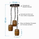 Ver imagem 2 de Luminária Lustre Pendente Barril Triplo de Madeira Maciça Colonial Retrô - Cerejeira + Lâmpadas