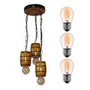 Ver imagem 1 de Luminária Lustre Pendente Barril Triplo de Madeira Maciça Colonial Retrô - Cerejeira + Lâmpadas