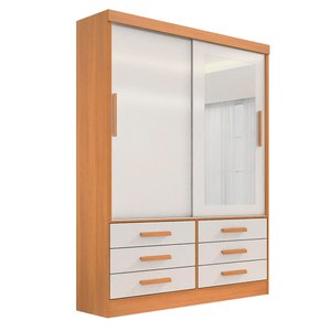 Guarda Roupa Solteiro 2 Portas e 6 Gavetas com Espelho Cor:cinam/off