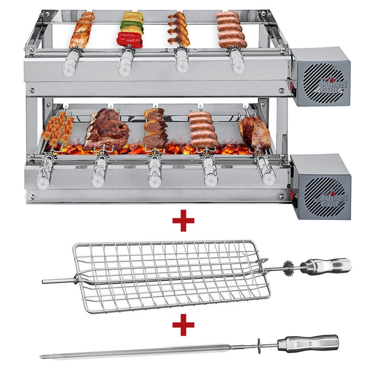 Churrasqueira Giratória Artinox Grill com 9 Espetos, 2 andares e 2 Motores Bivolt do Lado Direito + 