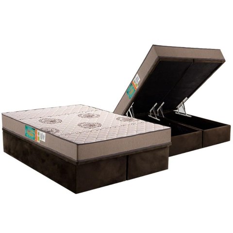 Cama Box Baú Queen: Colchão Espuma D33 Polar Pérola Clean + Base Crc Suede Brown (158x198)