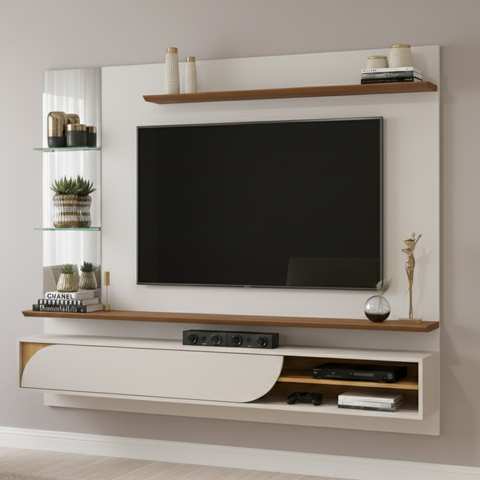 Painel para Tv até 60 Polegadas 152,7cmx180cm 1 Porta Basculante Curva e Espelho com 2 Prateleiras Vidro Ravi