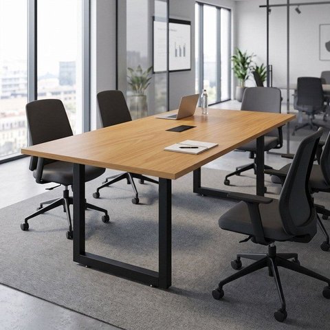 Mesa Reunião Escritório 200x90cm com 1 Caixa de Tomadas Pés em Metal Industrial Executive