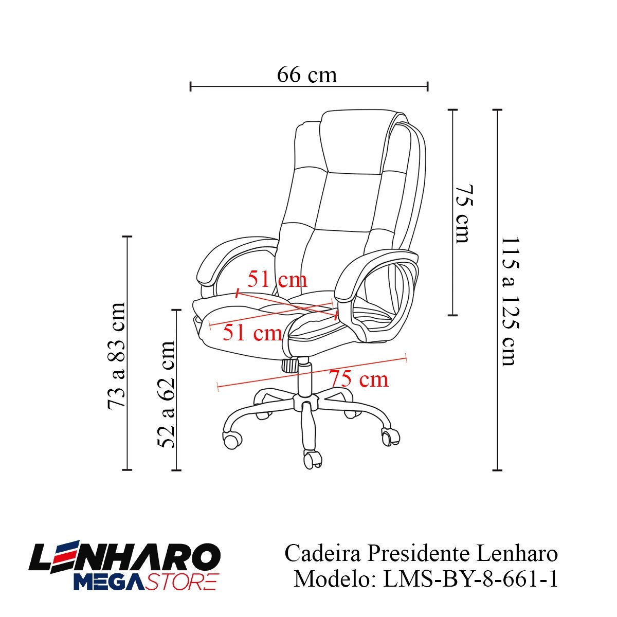 Cadeira Presidente Giratória Almofadada para Escritório Vermelha - LMS-BE-8-661-1 - 3