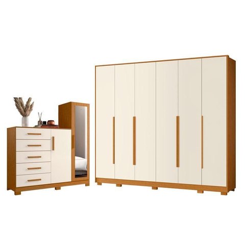 Guarda Roupa Casal Mercure 6 Portas e Cômoda New Master 02 Portas e 05 Gavetas Cinamomo Off White