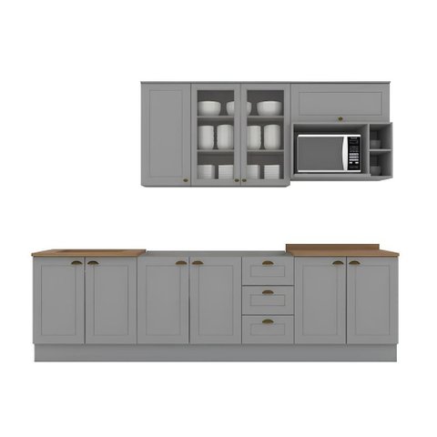 Cozinha Compacta 280cm Americana com Vidro 6 Peças 10 Portas 3 Gavetas Henn