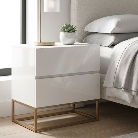 Kit 2 Mesas de Cabeceira 2 Gavetas Eros 45cm MDF Branco Pés Ferro Industrial Dourado Design Moderno