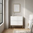 Ver imagem 4 de Kit 2 Mesas de Cabeceira 2 Gavetas Eros 45cm MDF Branco Pés Ferro Industrial Dourado Design Moderno