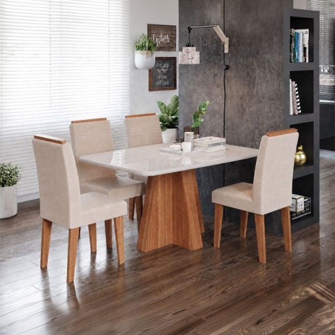 Sala de Jantar 4 Lugares Tampo de Vidro 130 cm Boudica Cinamomo/Nude - Panorama Móveis