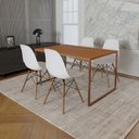 Ver imagem 1 de Mesa Industrial Base Ferro Cobre 137x90 Tampo Canela 4 Cadeiras Eiffel Madeira Assento Branco
