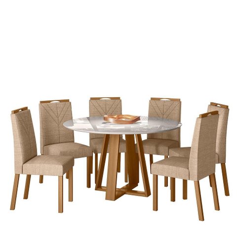 Conjunto Sala de Jantar Mesa Vitoria 135x135 6 Cadeiras Anitta Ype/off White/linho Palha