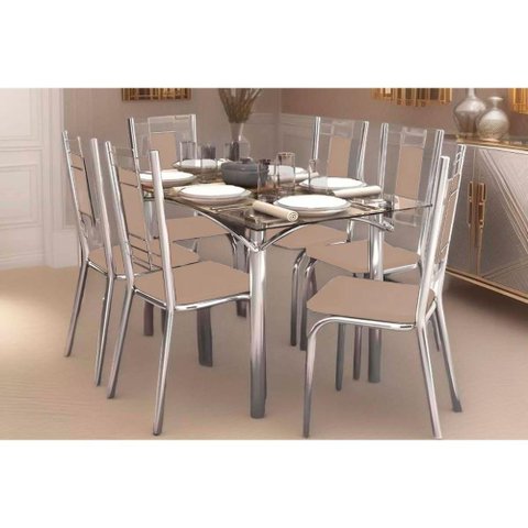 Sala de Jantar Completa Elba C/ Tampo de Vidro 80x150cm e 6 Cadeiras Florença Cromada - Courano