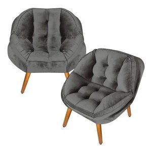 Kit 02 Poltrona Decorativa California Suede Cinza Pés Palito - Fina Mobília