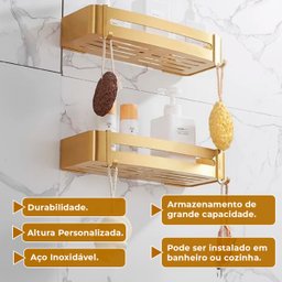 Suporte Shampoo Retangular Parede Banheiro Aço Inox Dourado - 10