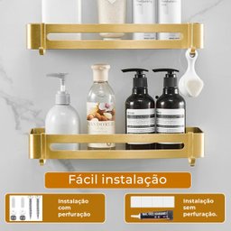 Suporte Shampoo Retangular Parede Banheiro Aço Inox Dourado - 11