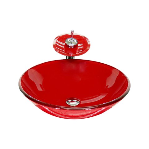 CUBA DE VIDRO REDONDA 35CM VERMELHO FERRARI + VALVULA + TORNEIRA CASCATA