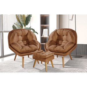 Conjunto Poltronas Sênior em Suede Premium com Puff e Pés de Madeira:terracota