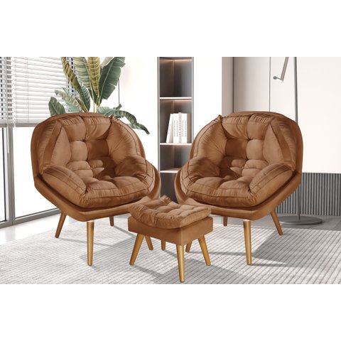 Conjunto Poltronas Sênior em Suede Premium com Puff e Pés de Madeira:terracota