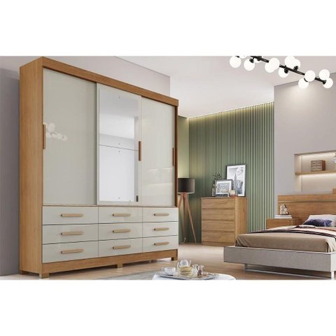 Guarda Roupa 3 Portas (1 C- Espelho) e 9 Gavetas Buriti-jequitibá Cumaru-fendi - Novo Horizonte