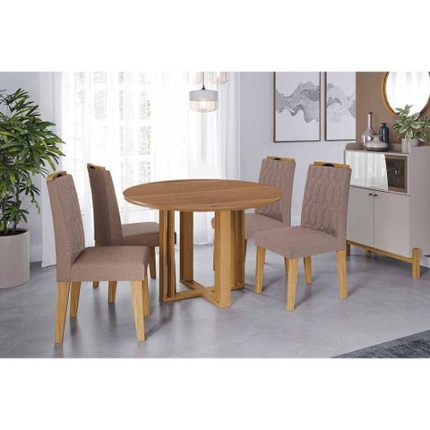 Conjunto: Mesa Sala Jantar Flora Tampo Madeirado C/ Vidro 109cm e 4 Cadeiras Paola Cinamomo/off