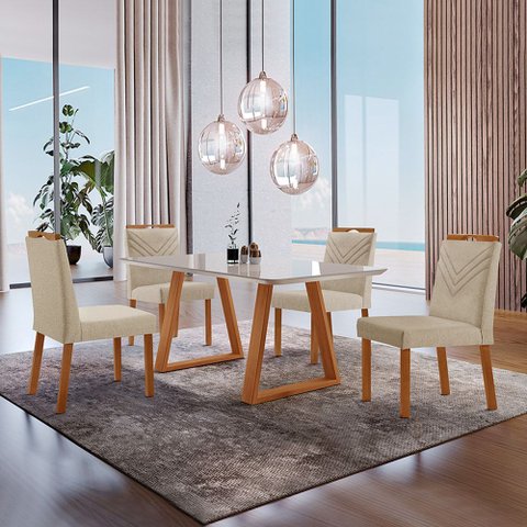 Conjunto Sala de Jantar Mesa Viena Madeira Maciça 140x80cm Tampo Retângular Vidro Off White com 4 Ca
