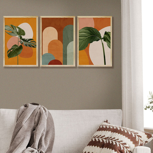 Kit 3 Quadros Decorativos Geométricos Abstrato Plantas Colorido Sala de Jantar