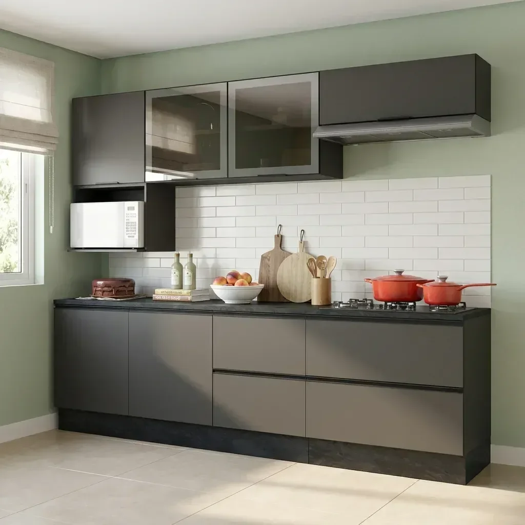 Ver imagem 1 de Cozinha Modulada Completa 7 Peças 7 Portas 4 Gavetas com Nicho para Micro-ondas e Balcão com Tampo Etna Grafite