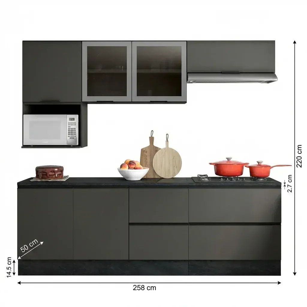 Ver imagem 5 de Cozinha Modulada Completa 7 Peças 7 Portas 4 Gavetas com Nicho para Micro-ondas e Balcão com Tampo Etna Grafite