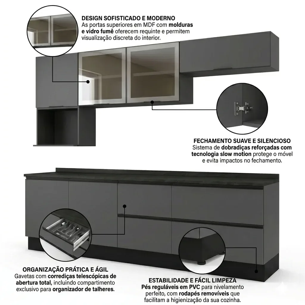 Ver imagem 6 de Cozinha Completa Modulada 7 Peças com Nicho para Micro-Ondas e Balcão 4 Gavetas com Tampo Etna Grafite