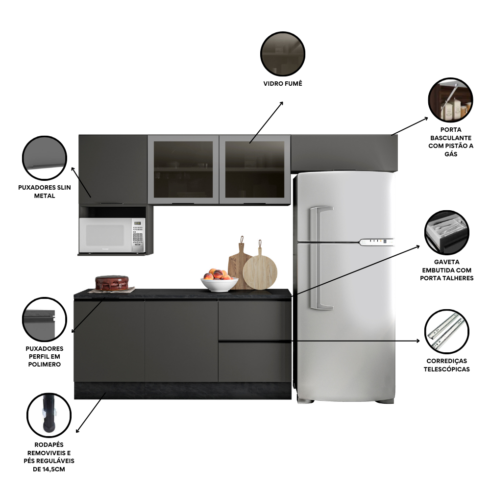 Cozinha Modulada Completa 6 Peças 6 Portas 3 Gavetas com Portas Vidro Fumê Etna  - 9