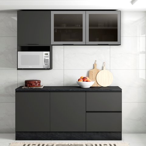 Cozinha Modulada Completa 5 Peças 5 Portas 3 Gavetas com Portas Vidro Fumê Etna Cinza/Grafite