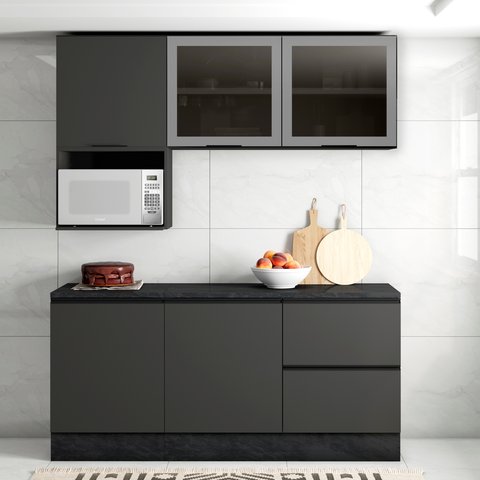 Cozinha Modulada Completa 5 Peças 5 Portas 3 Gavetas com Portas Vidro Fumê Etna 