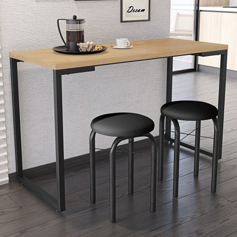 Conjunto Mesa de Cozinha Prattica Industrial 120cm com 2 Banquetas F02 Nature/Preto - Mpozenato