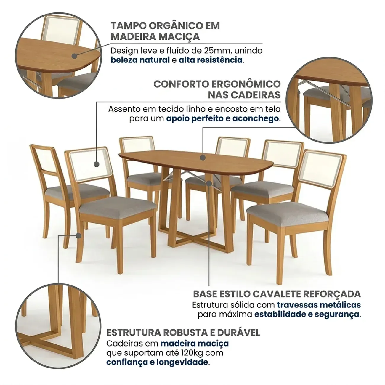 Ver imagem 4 de Conjunto Mesa de Jantar Elma e 4 Cadeiras com Telinha Lola em Madeira Maciça Cinza/Bege