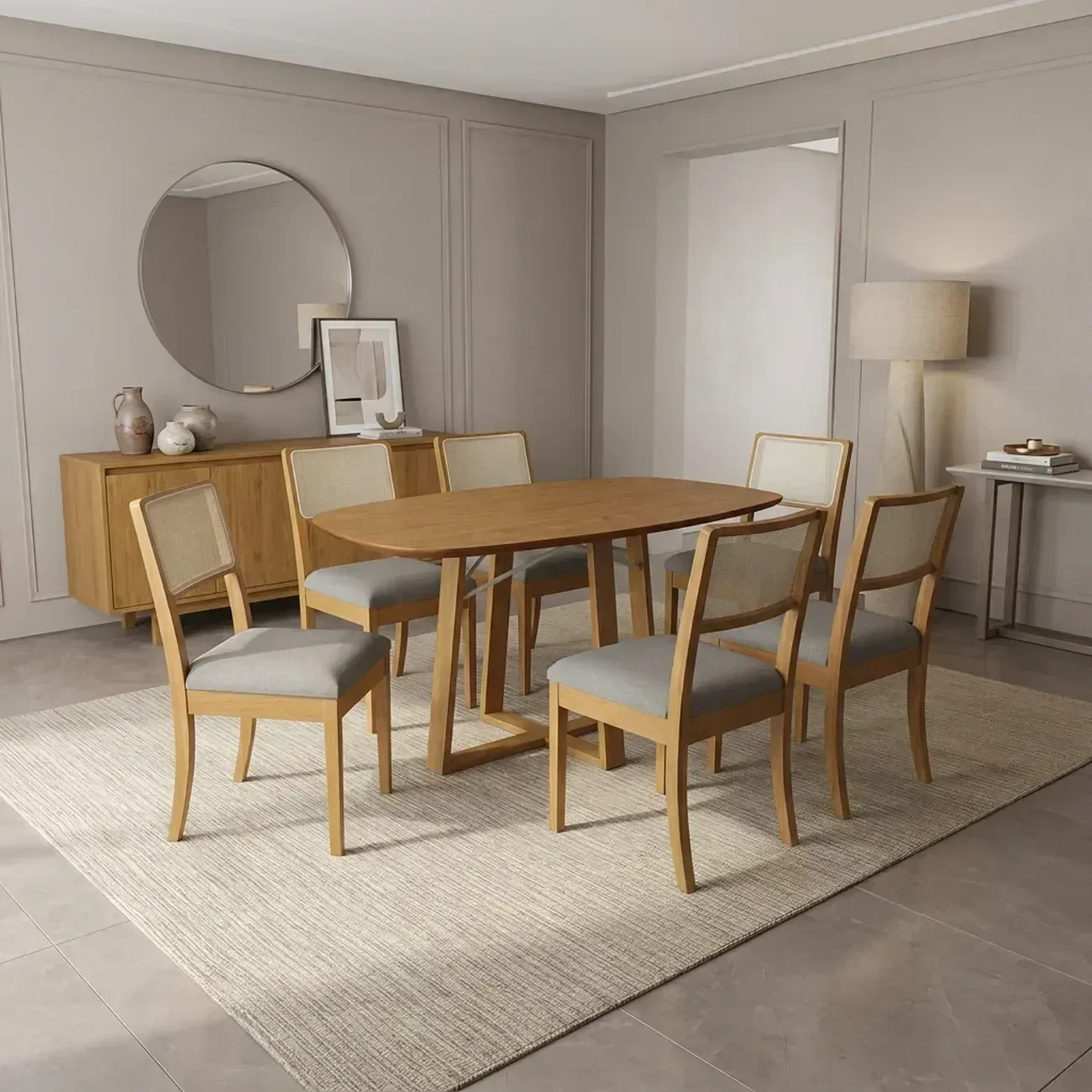 Conjunto Mesa de Jantar Elma e 4 Cadeiras com Telinha Lola em Madeira Maciça Cinza/Bege