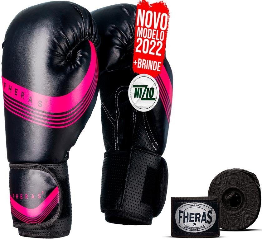 Kit Luva de Boxe Muay Thai MMA Bandagem Line Rosa 08oz