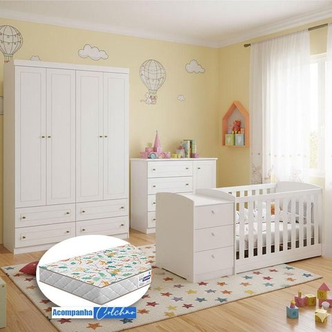 Quarto Infantil Americano 4 Portas e Berço Multifuncional Atlanta Ambiente Branco Fosco com Colchão 