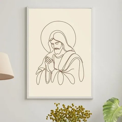 Quadro Jesus One Line - Marrom 24x18cm - com Vidro:moldura Branca