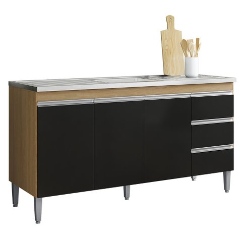 Balcão de Cozinha com Pia Inox 150cm 3 Gavetas Andréia Amêndoa/preto - Ajl Móveis
