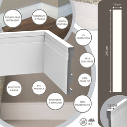 Kit 6 Barras Rodapé Guarnição de Poliestireno 10 Cm Alt Alizar Branco Frisado (13mm X 2,40 Metros) - 2