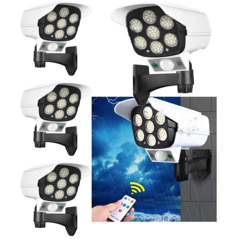 Luminaria Solar Camera Falsa Controle Sensor 180W Kit 4 Und Led 3 Funçoes Detecta Presença