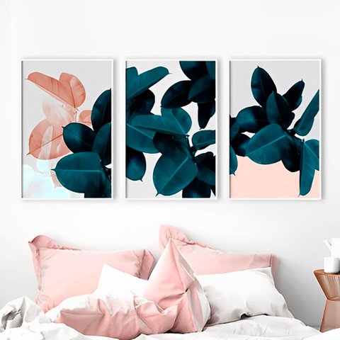Kit 3 Quadros Folhas Azul e Rosa Fraco - Tela Canvas com Moldura Flutuante em Vários Tamanhos - Artf