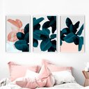 Ver imagem 1 de Kit 3 Quadros Folhas Azul e Rosa Fraco - Tela Canvas com Moldura Flutuante em Vários Tamanhos - Artf