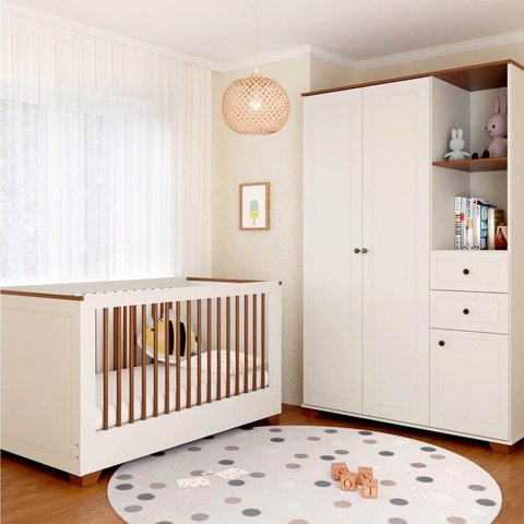 Quarto de Bebê Completo Berço Evolutivo e Guarda-Roupa Ananda Casatema MadeiraOriginals Bege/Off White/Mel
